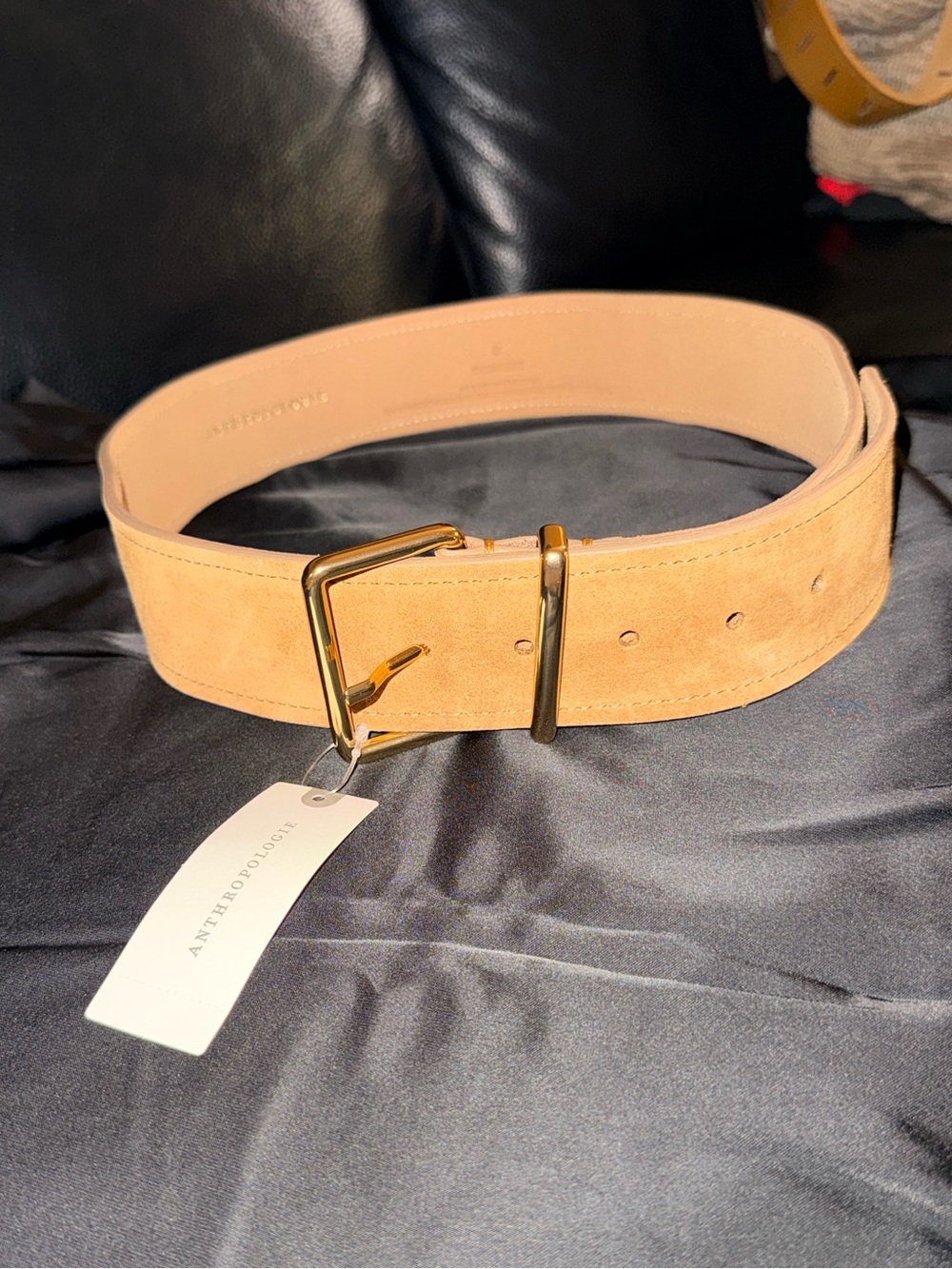 Anthropologie Khaki Tan Suede Belt with Gold Buckle 100% Premium Genuine Leather